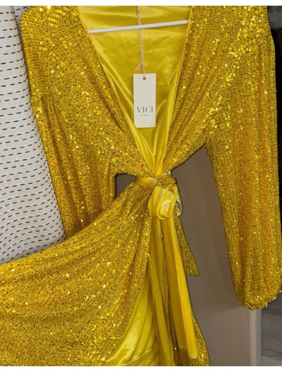 Vici Dresses & Skirts - VICI Yellow Sequin Tie-Front Wrap Dress